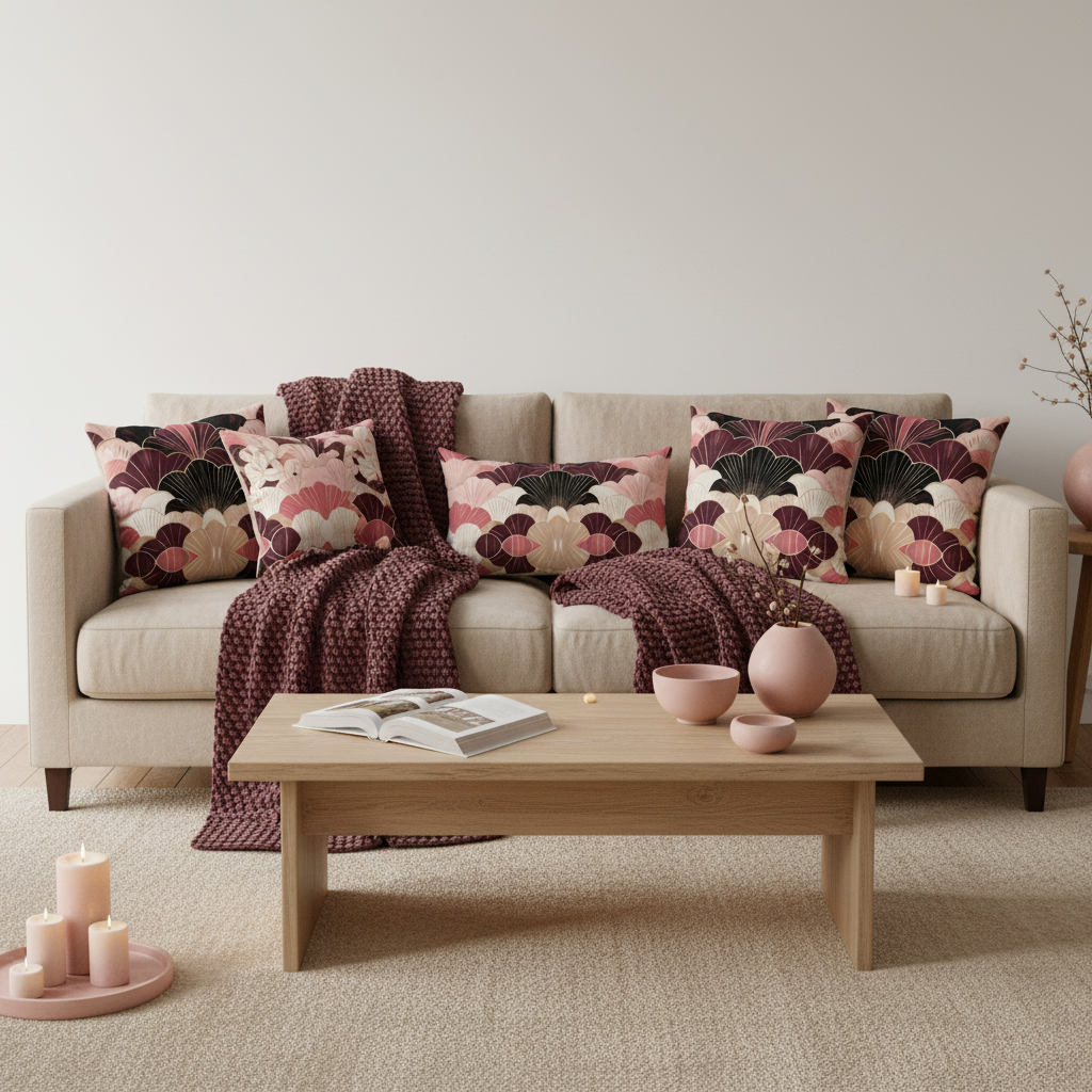 Luxurious cozy warm living room with beige sofa featuring burgundy beige pink geometric fan pattern premium pillows, burgundy blankets, pink ceramic decor, beige rug, books, candles