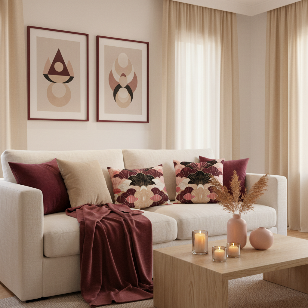 Luxurious cozy warm living room with white sofa, burgundy beige pink geometric pillows, beige linen curtains, burgundy and beige framed artwork on walls, warm lighting