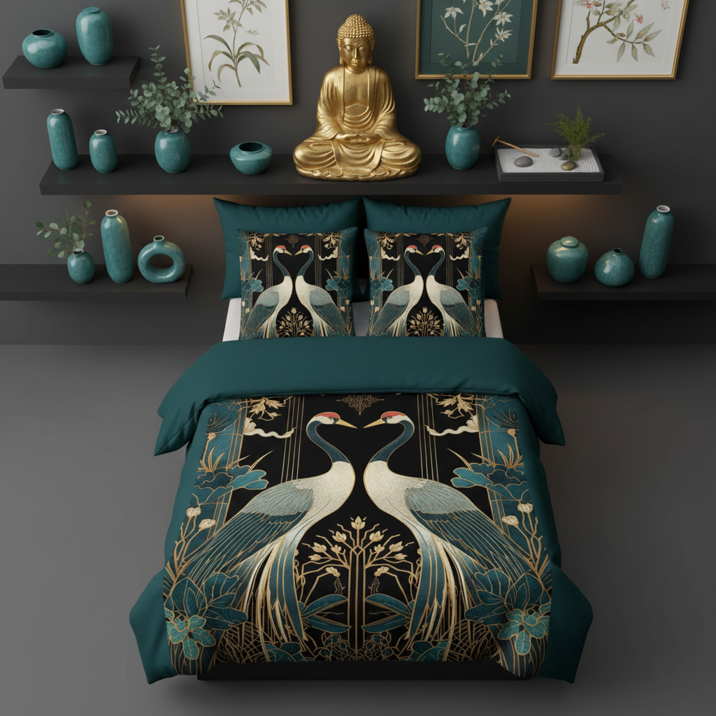 Luxurious dark zen bedroom with square pillows and decor