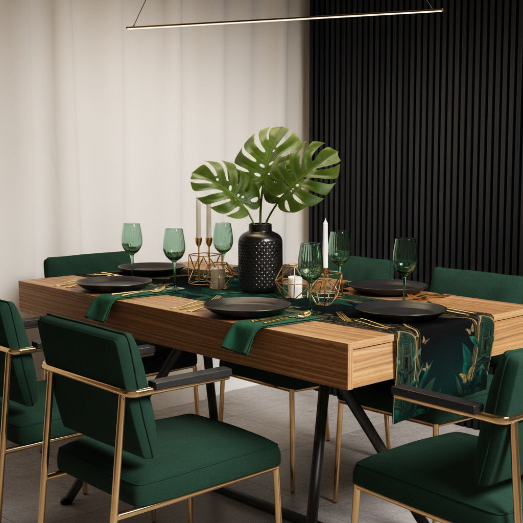 Luxurious dining with Emerald Plants runner on dark wood
