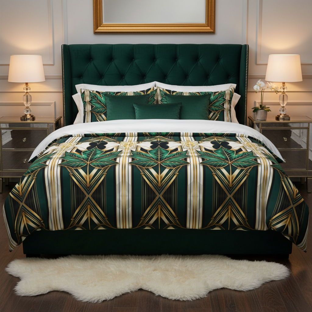 Luxurious glamorous bedroom with art deco maple leaf bedding
