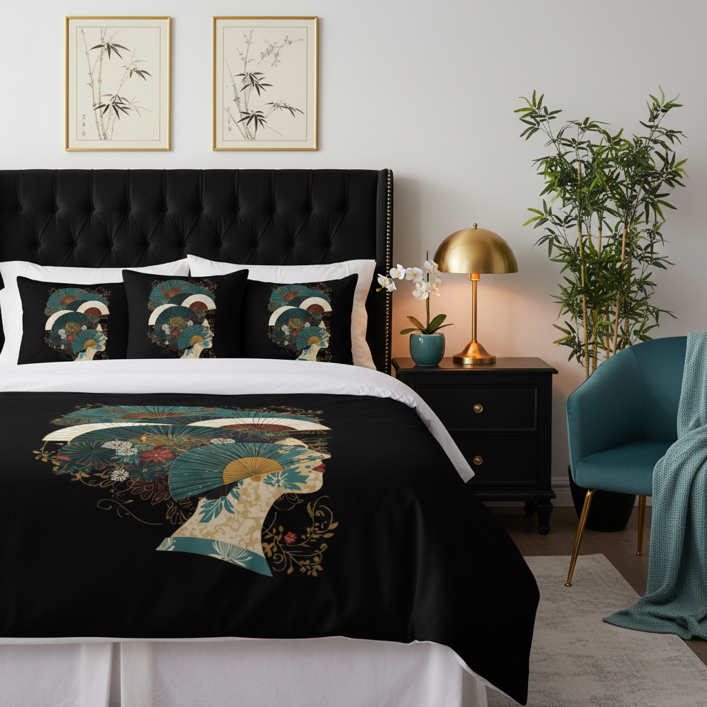 Luxurious glamorous bedroom with Oriental Opulence bedding