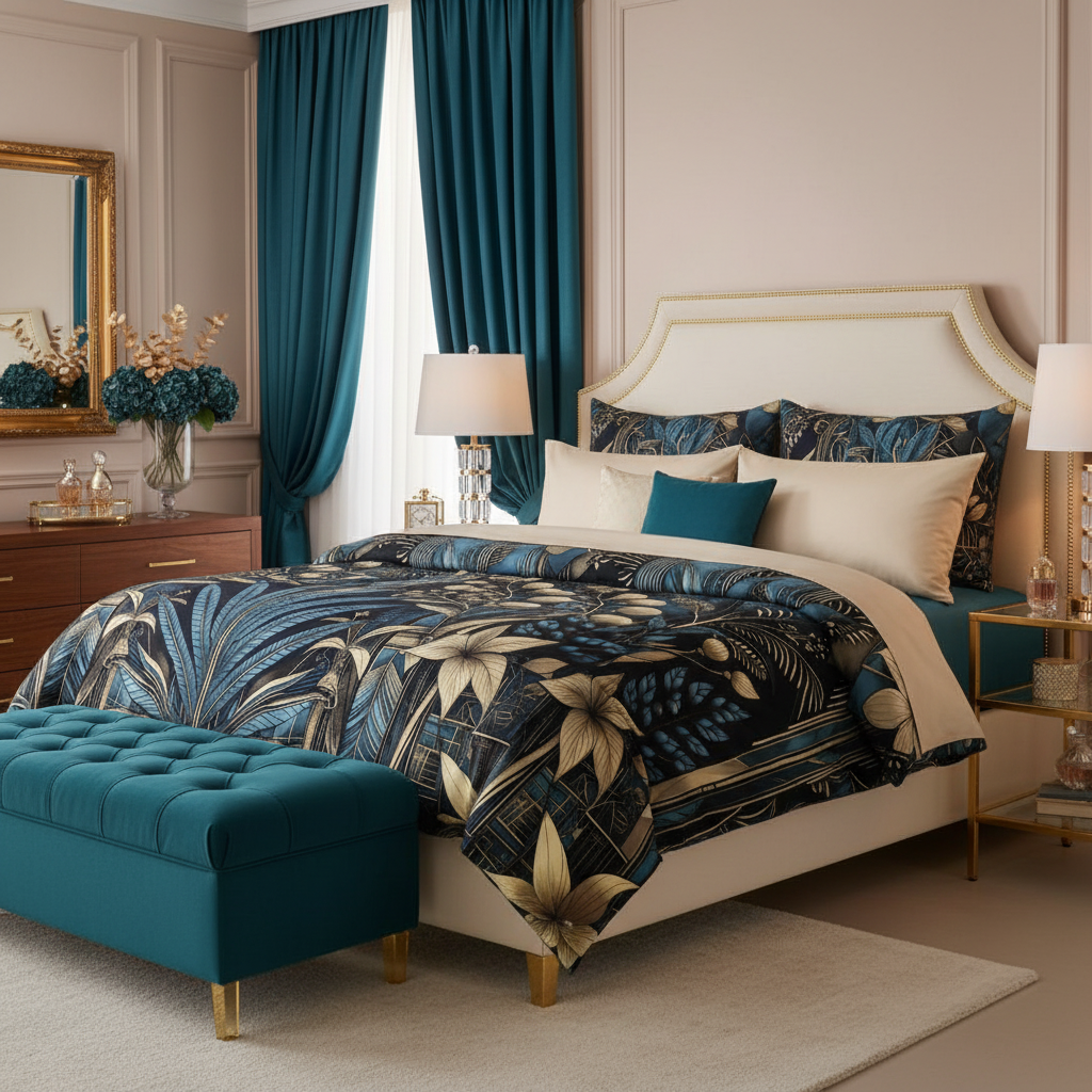Luxurious gold and teal bedroom with botanical duvet cover and elegant decor