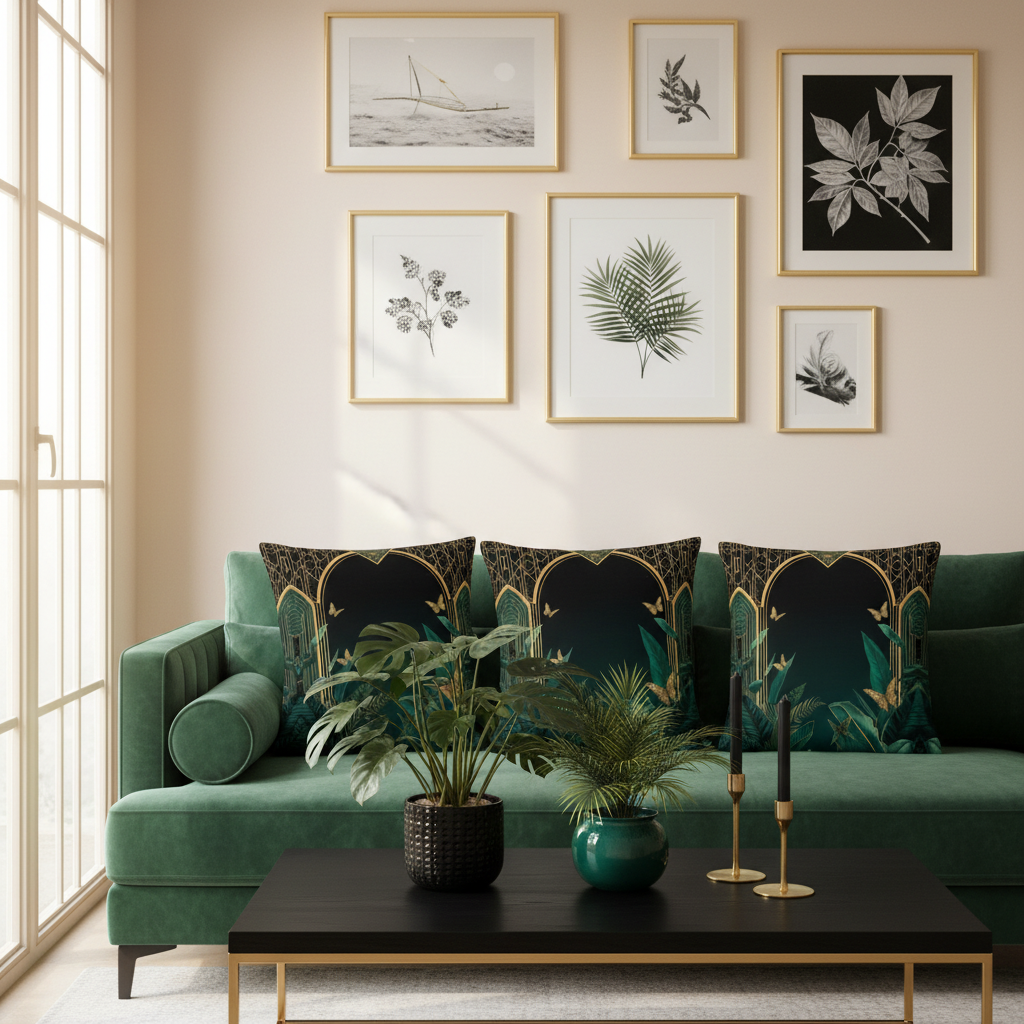 Luxurious living room with Emerald Plants square pillows
