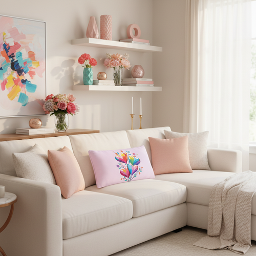 Luxurious sunny living room with pink hearts lumbar pillow
