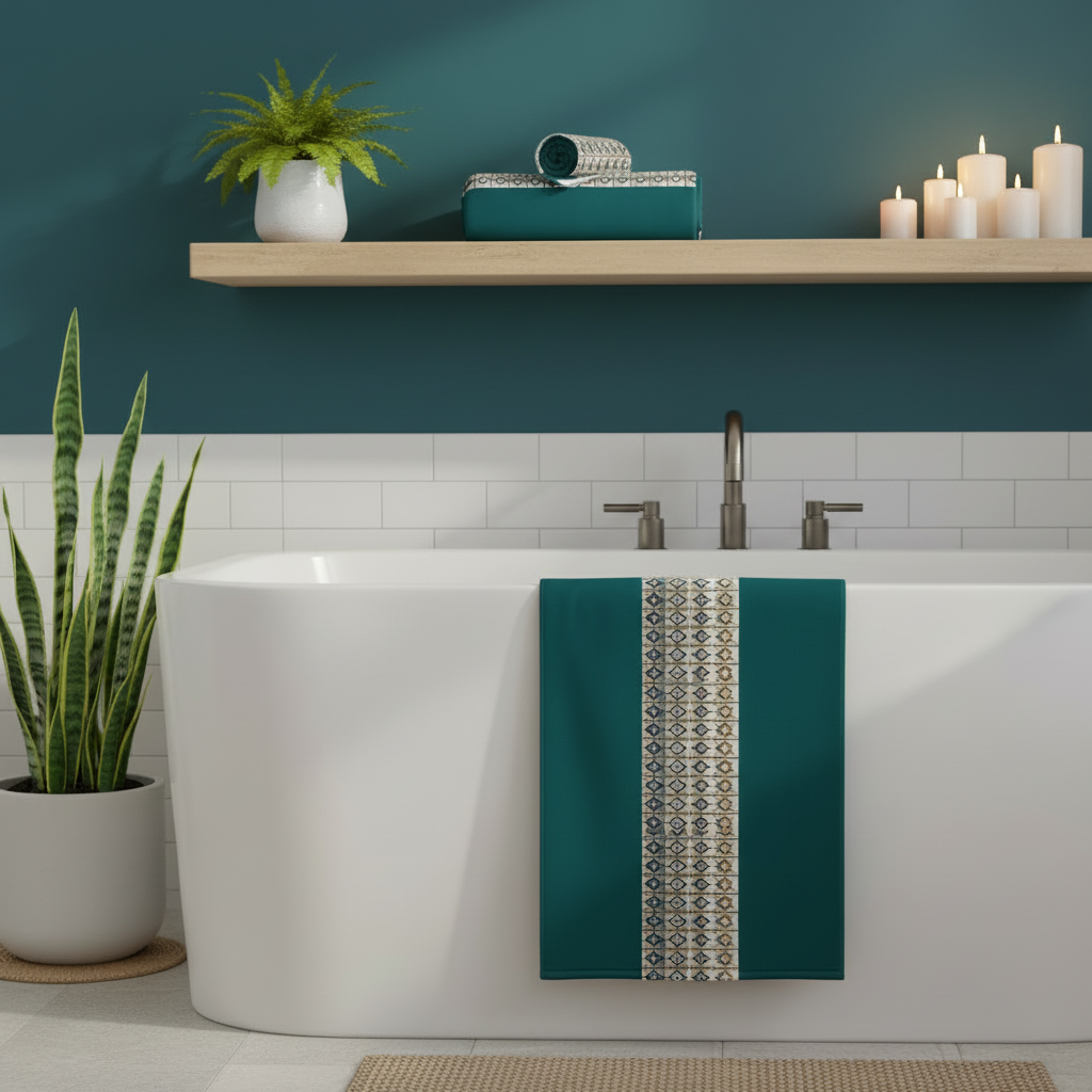 Luxurious teal bathroom with geometric pattern towel on rack