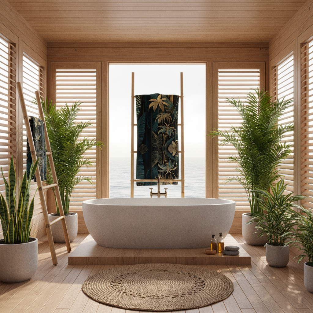 Luxurious tropical bathroom interior with emerald and gold jungle pattern beach towel on bamboo ladder