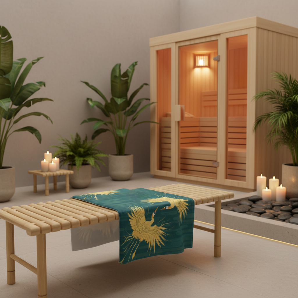 Luxurious wellness spa with teal and gold crane beach towel on bamboo bench