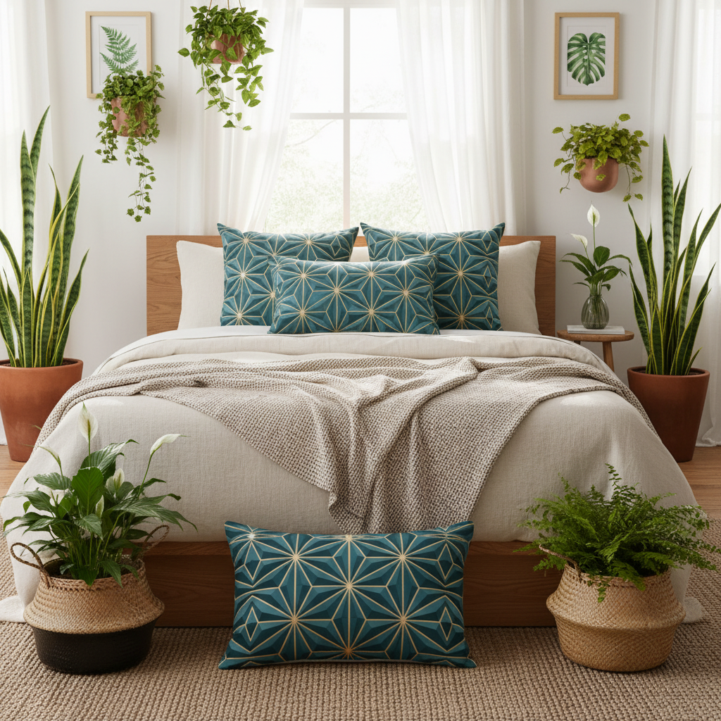 Luxury bedroom oasis featuring teal and gold star pattern decorative pillows with indoor plants