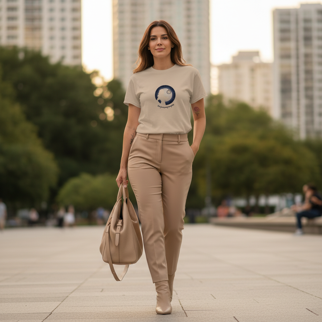Luxury empowered long auburn hair woman sand beige journey begins t-shirt beige trousers strong positive editorial
