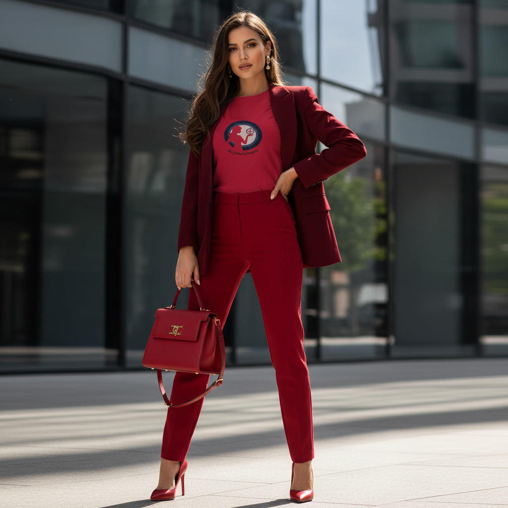 Luxury powerful woman cardinal red journey begins t-shirt burgundy blazer red trousers heels designer bag modern architecture