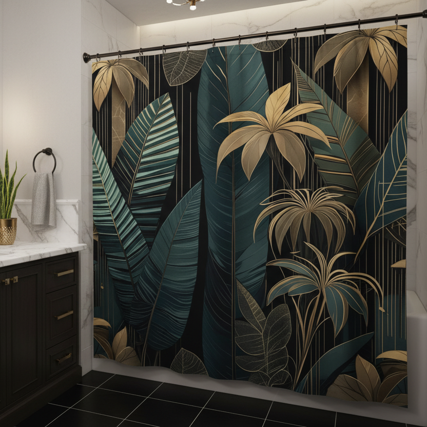 Night Jungle dark green and gold shower curtain. Luxury art deco modern floral style Luxury bath room 
