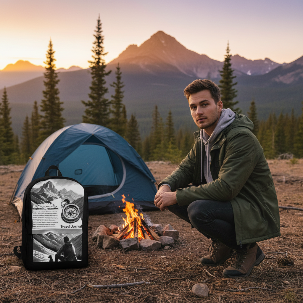 Man at mountain campsite with Travel Journal backpack and campfire