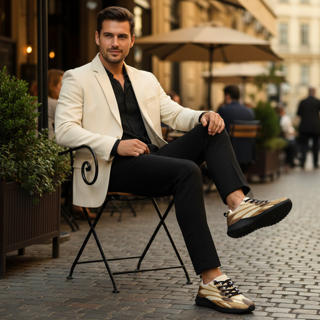 Man at Outdoor Café Crossed Legs – Black Sole Botanical Sneakers