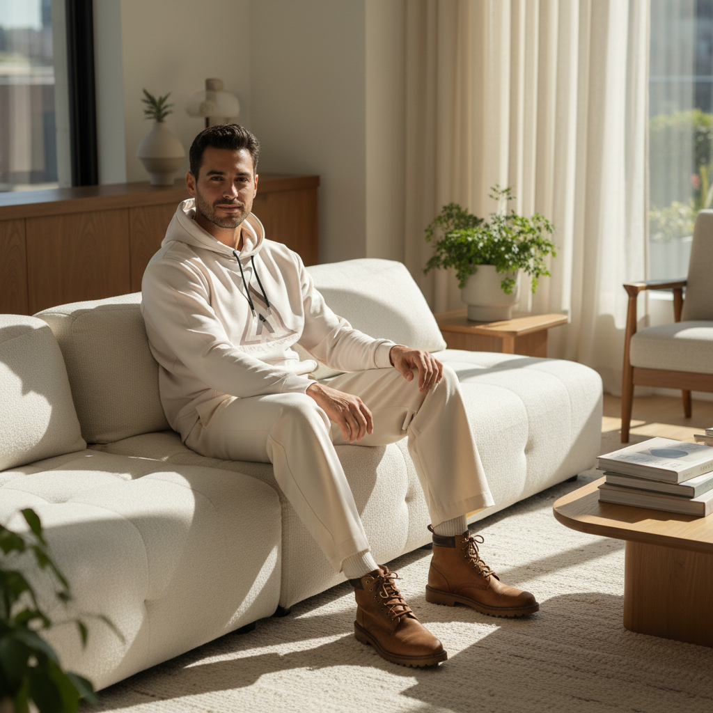 Man in beige nothing impossible hoodie with cream pants in cozy sunny living room