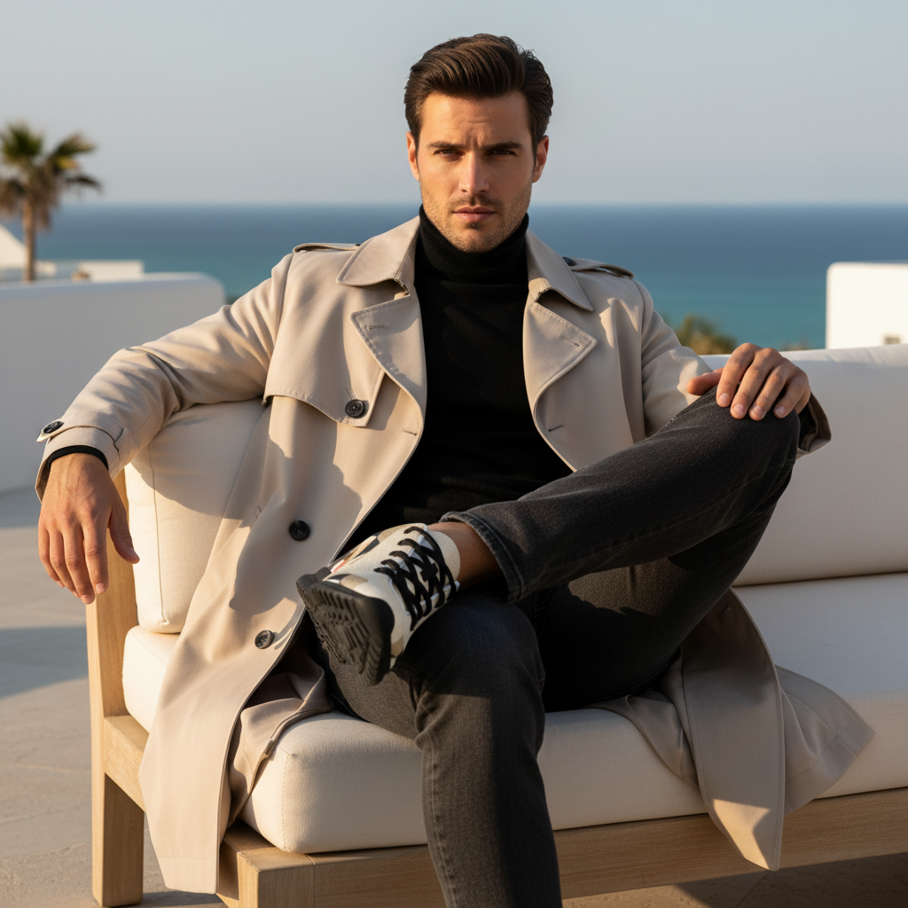 Man in beige trench coat with geometric athletic sneakers