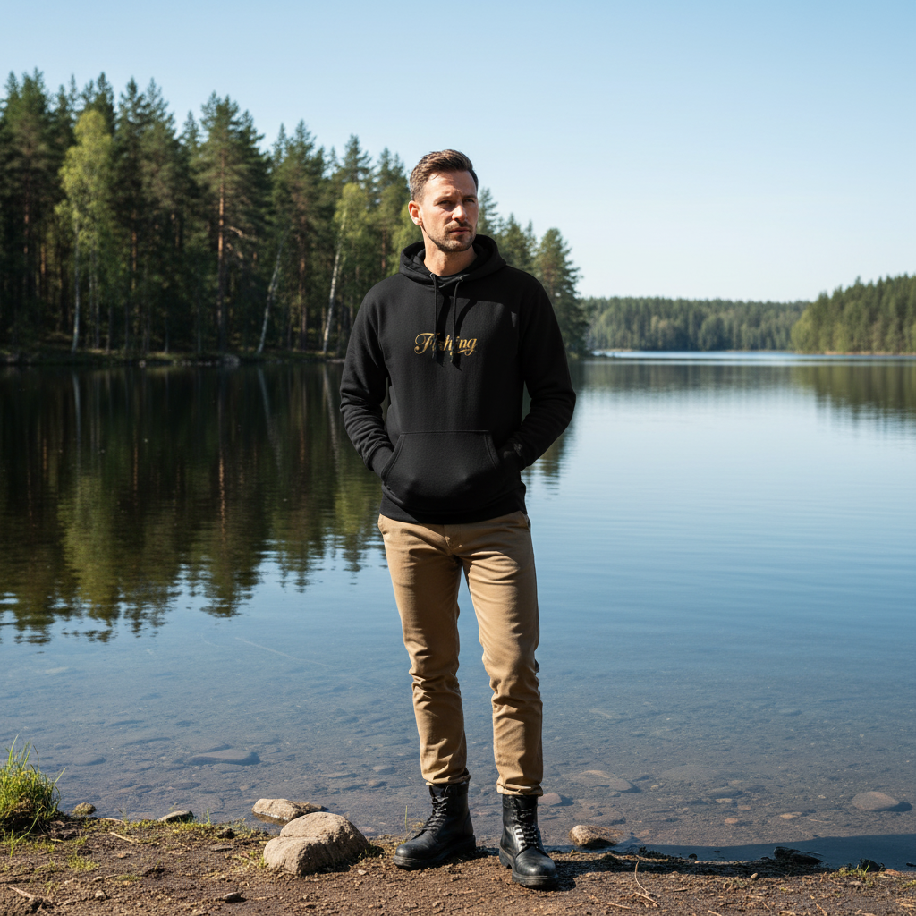 Man in black Fishing hoodie with khaki pants and black boots by Finnish lake
