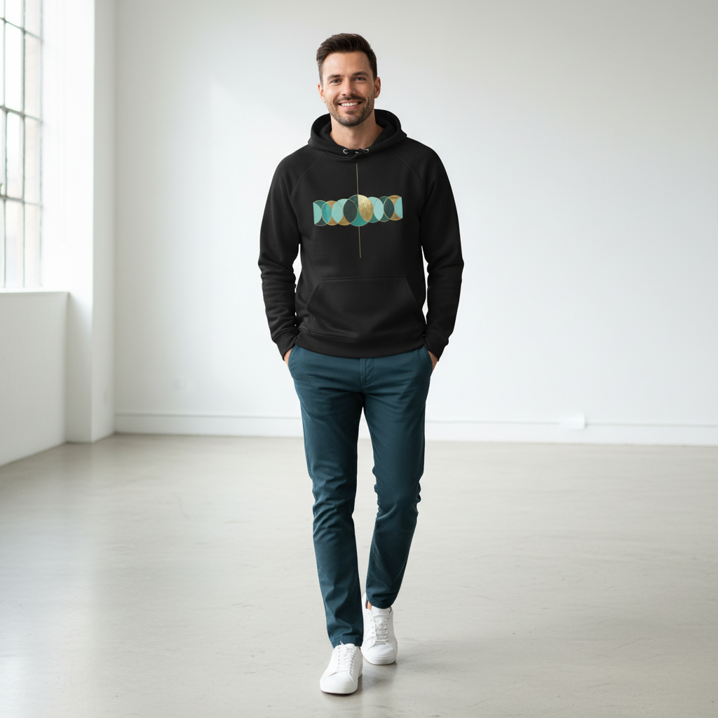 Man in black geometric hoodie with teal chinos and white sneakers in minimalist interior