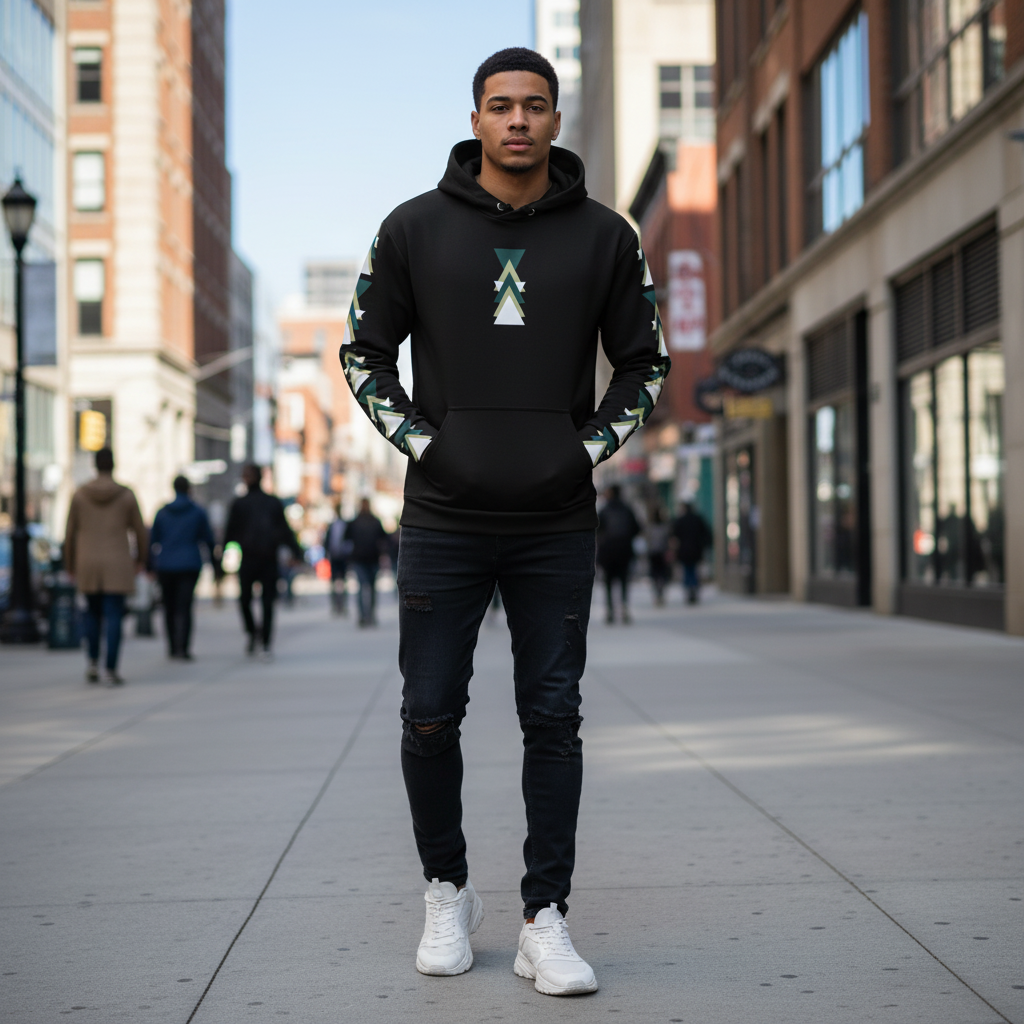Man in black geometric triangle hoodie on urban street