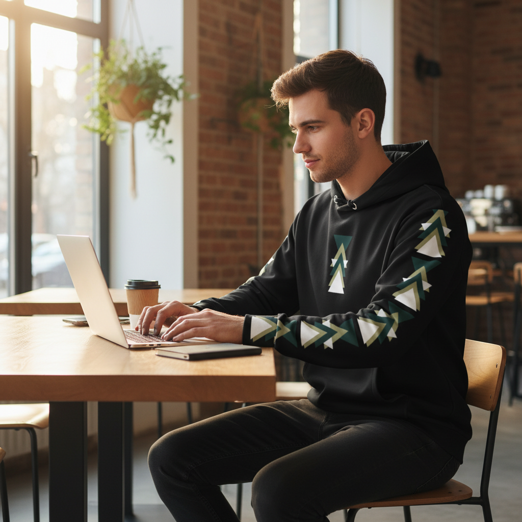 Man in black geometric triangle hoodie working at café