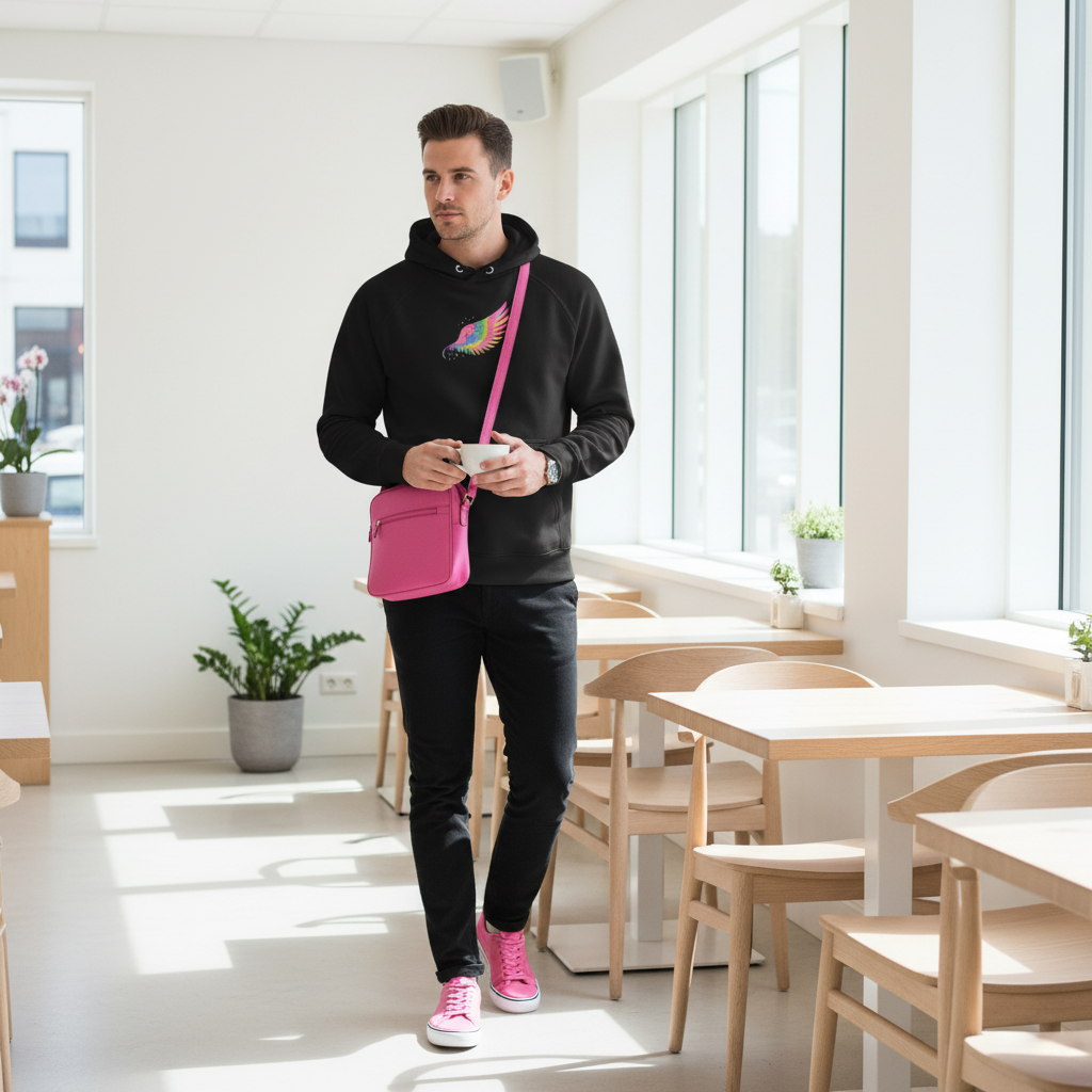 Man in black hoodie with pink sneakers and pink crossbody bag in minimalist Scandinavian cafe