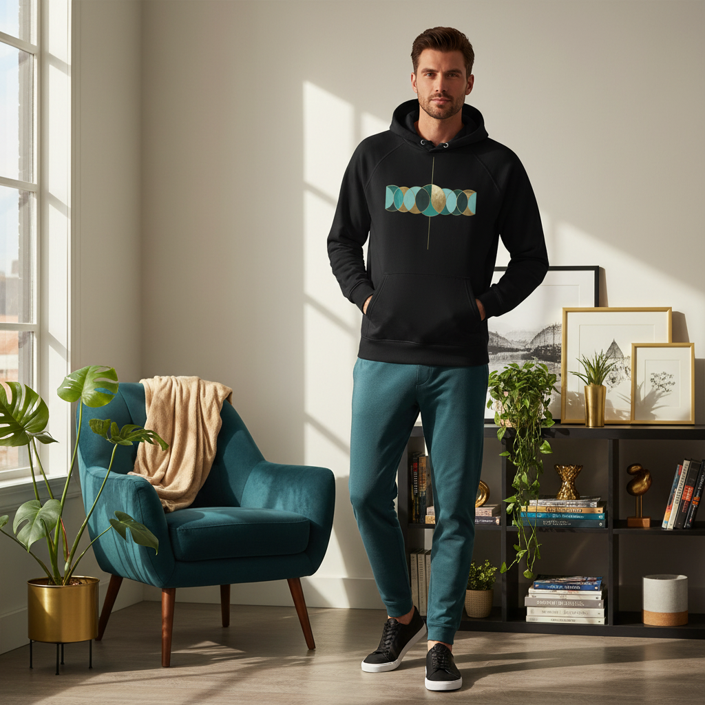 Man in black hoodie with teal and gold design in cozy sunlit living room with teal armchair