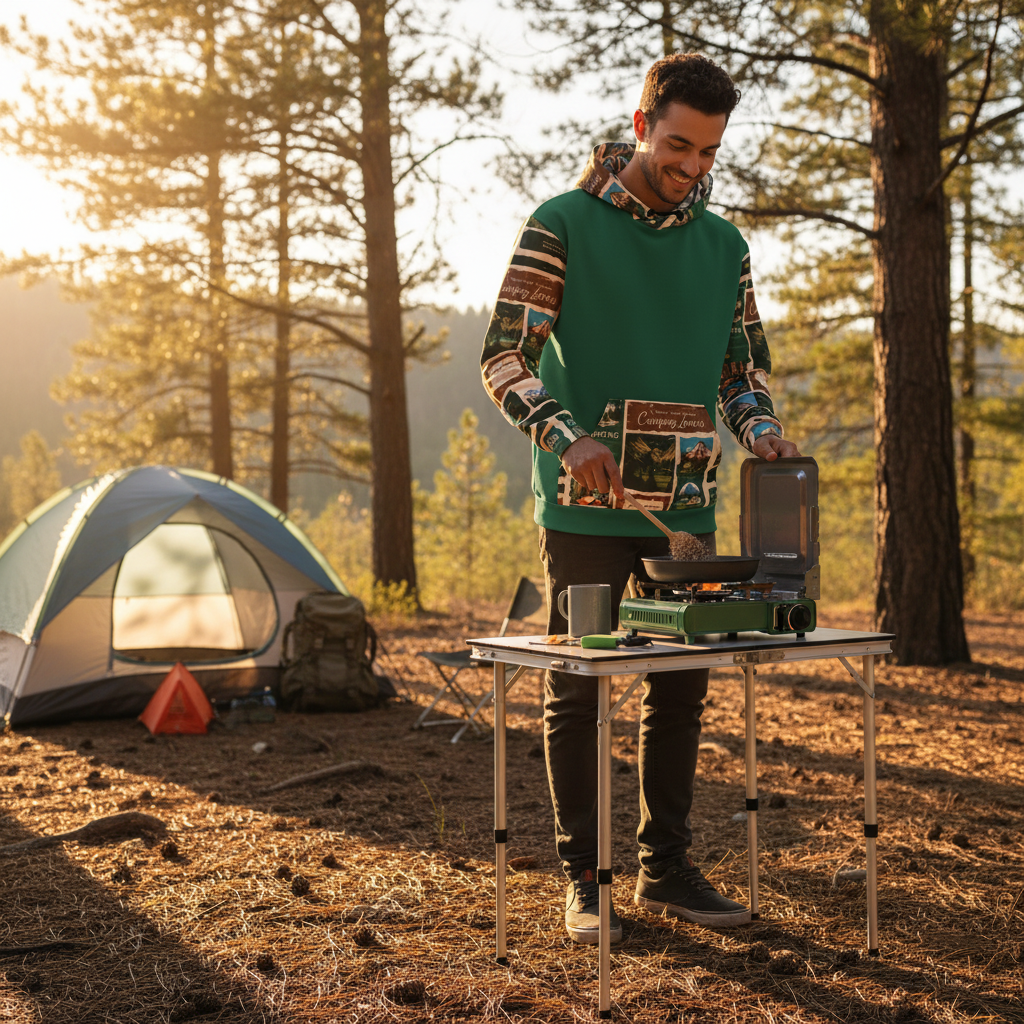 Man in camping lovers hoodie preparing breakfast at campsite