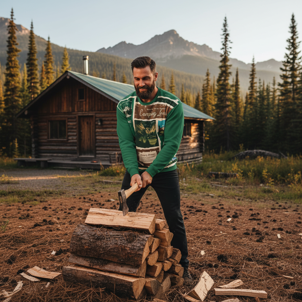 Man in camping lovers sweatshirt chopping wood near cabin