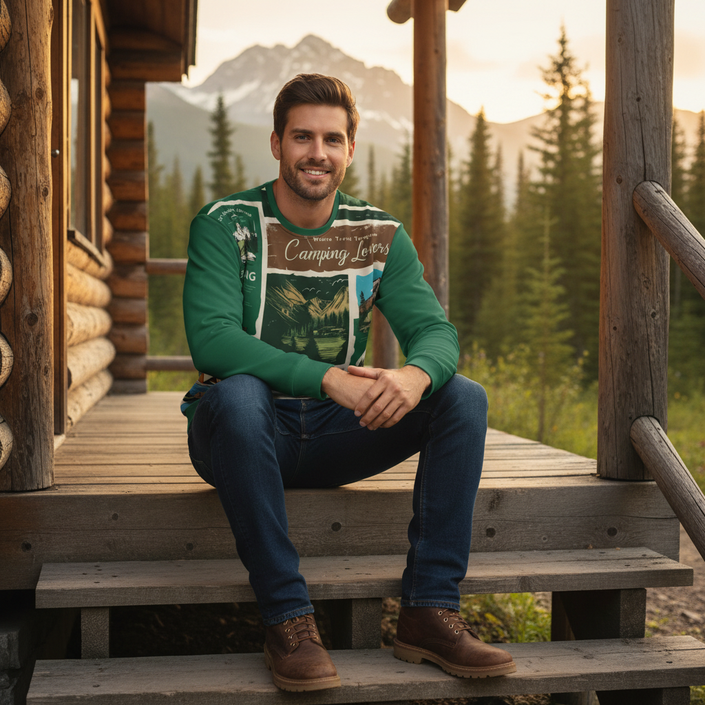 Man in camping lovers sweatshirt sitting on cabin steps