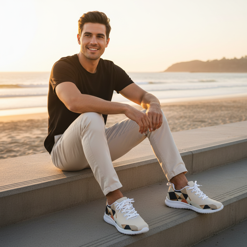 Man in cream chinos and black shirt with white sole geometric shoes