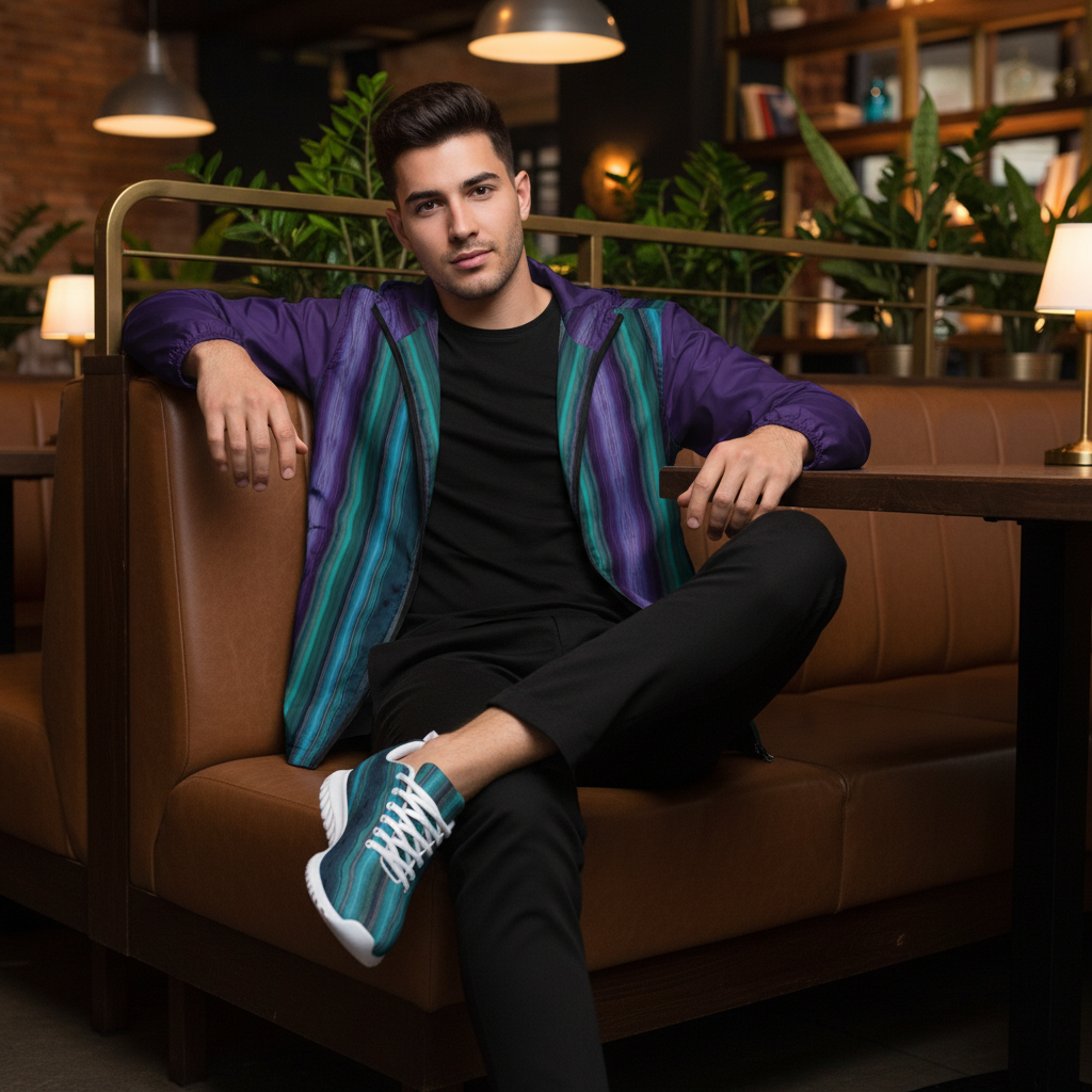 Man in crystal windbreaker restaurant white sole shoes