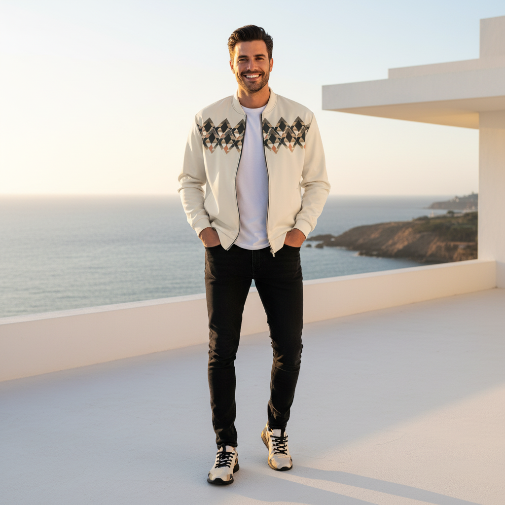 Man in geometric bomber with black jeans and matching shoes