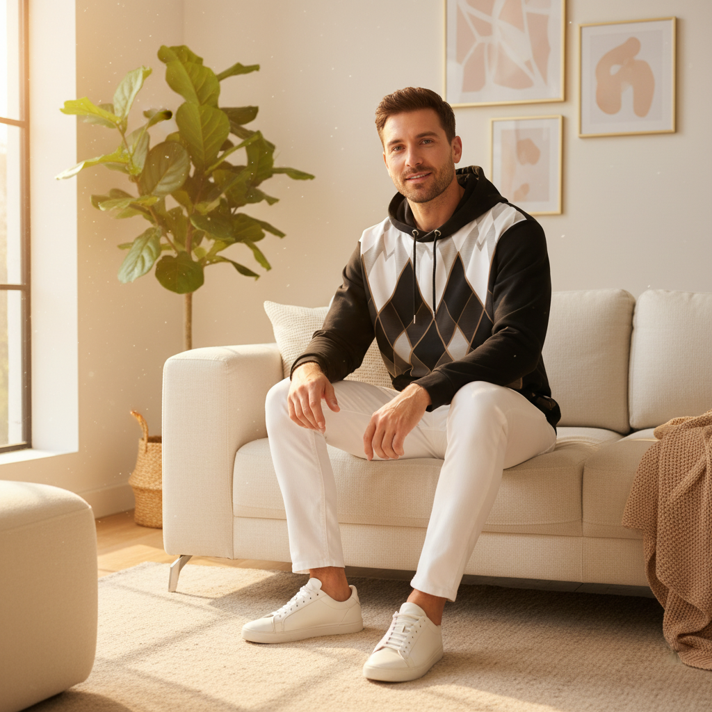 Man in geometric diamond hoodie with white pants and white sneakers in sunny living room