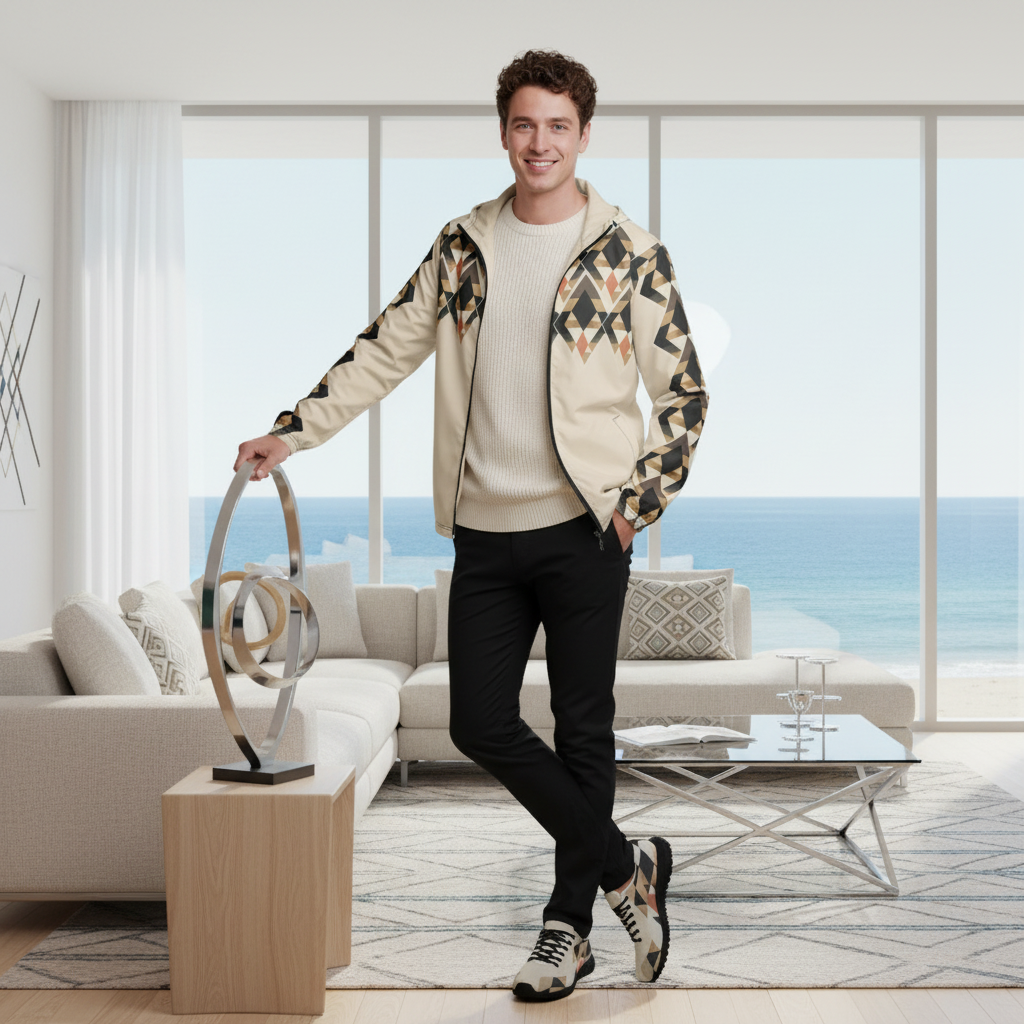 Man in geometric windbreaker with black trousers in coastal living room
