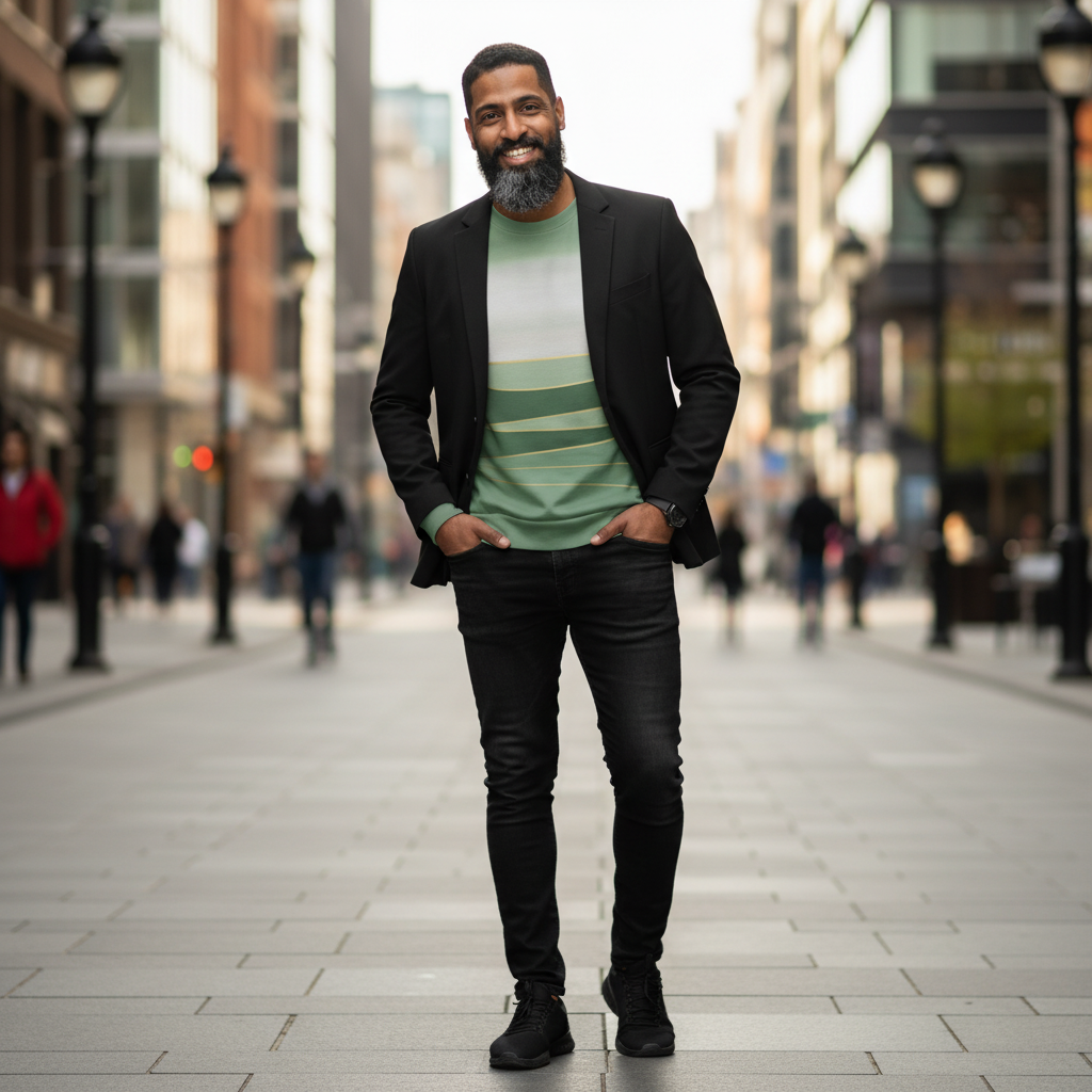 Man in green sweatshirt with black jacket and jeans