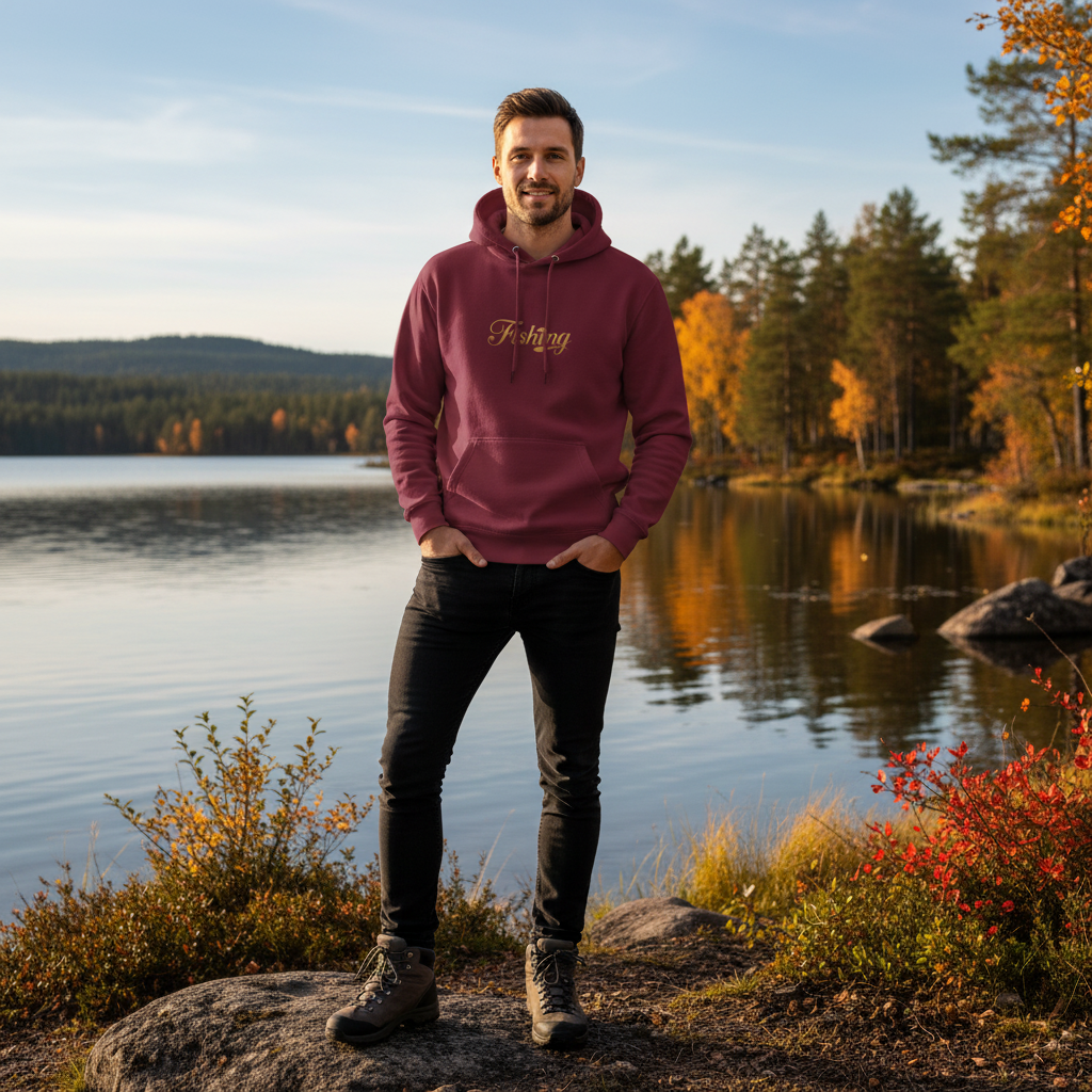 Man in maroon Fishing hoodie with black jeans and grey boots by Finnish lake with autumn colors