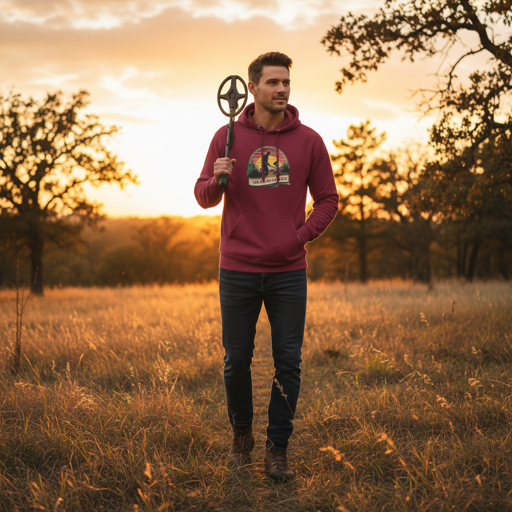 Man in maroon treasure hunter hoodie walking through field with metal detector