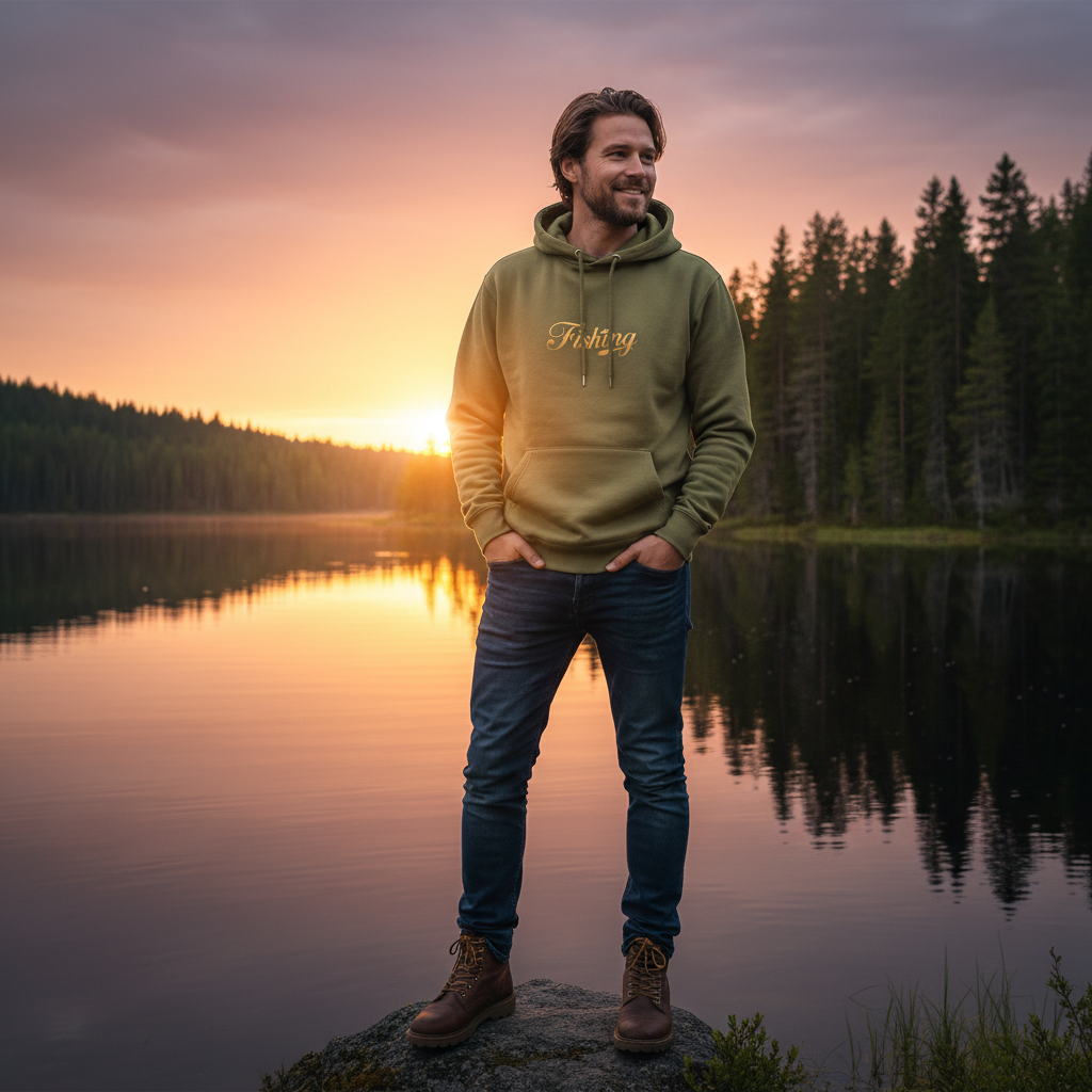 Man in military green Fishing hoodie with dark blue jeans and brown boots by Finnish lake