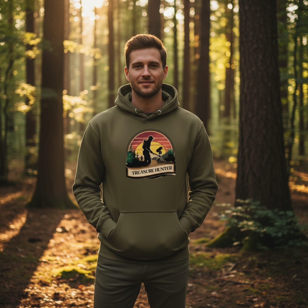 Man in military green treasure hunter hoodie in forest at golden hour