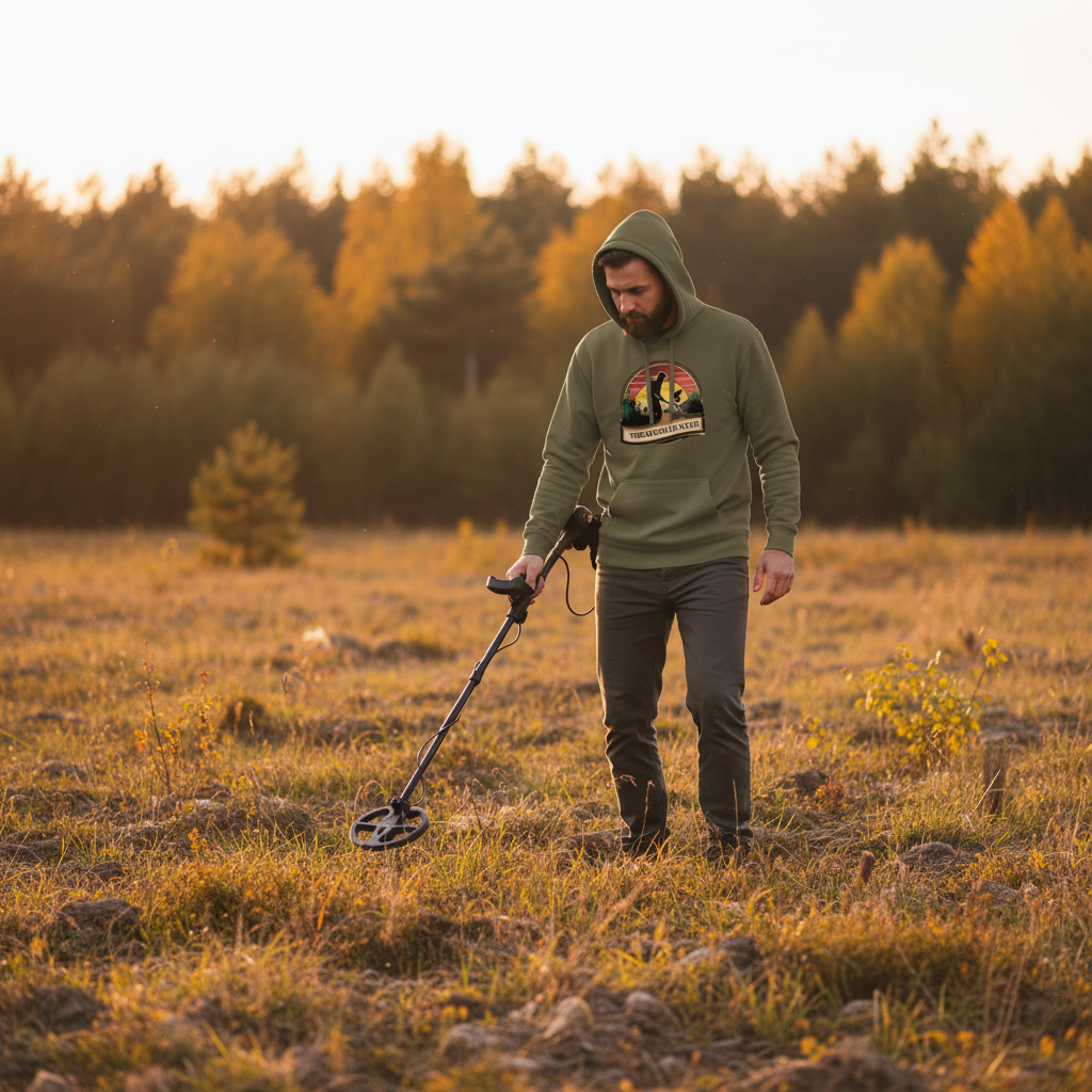 Man in military green treasure hunter hoodie searching with metal detector in forest