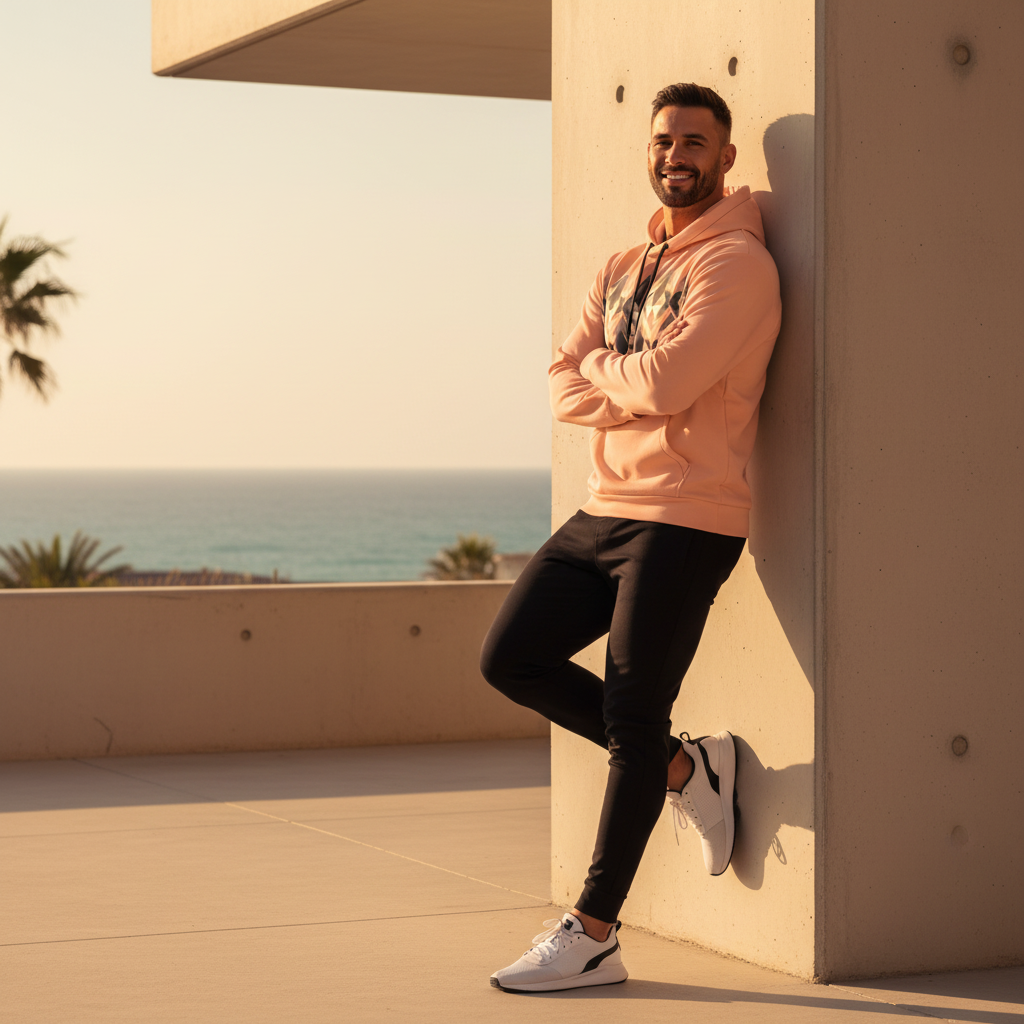 Man in peach hoodie against modern architecture