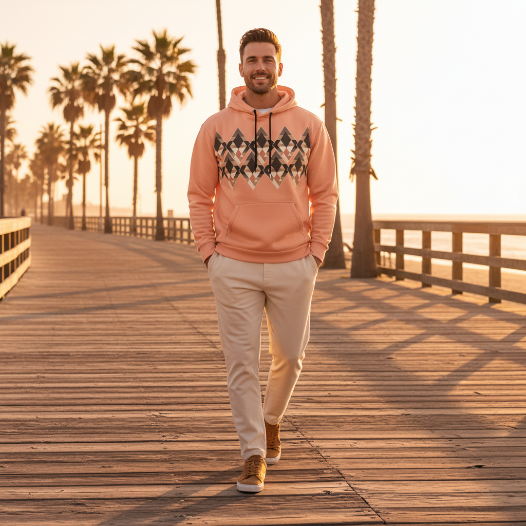 Man in peach hoodie walking on sunny coastal boardwalk