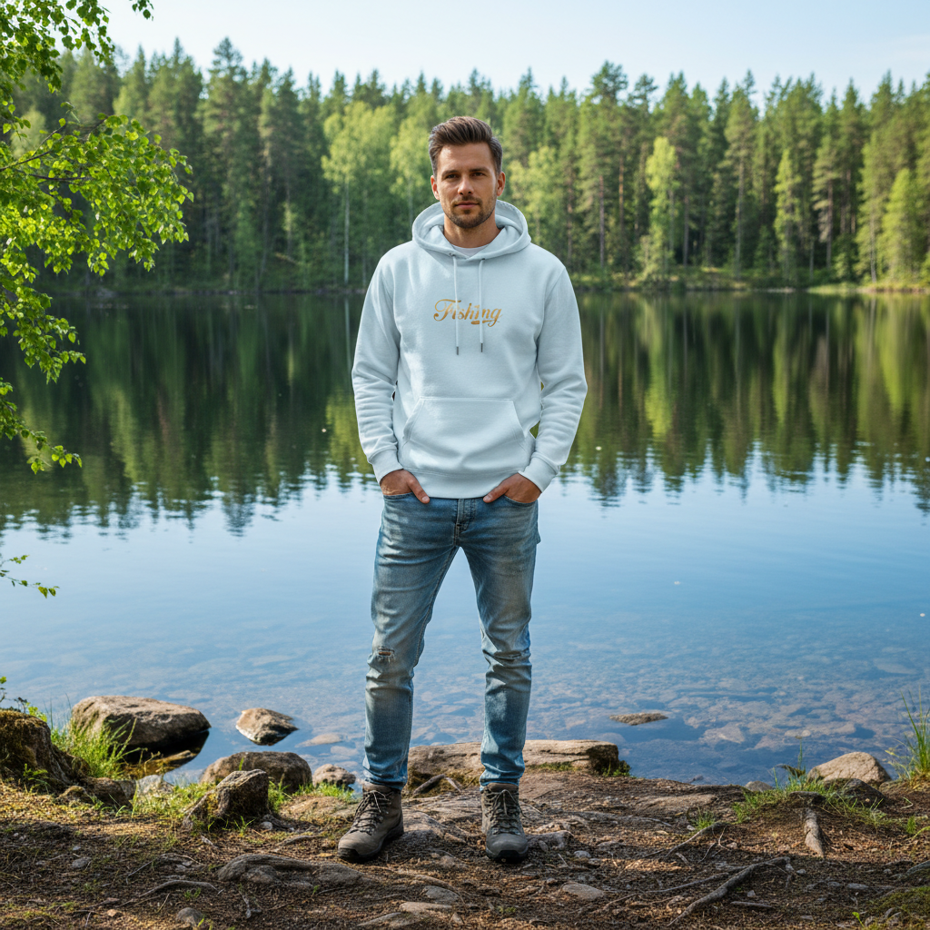 Man in sky blue Fishing hoodie with light blue jeans by Finnish lake with clear water