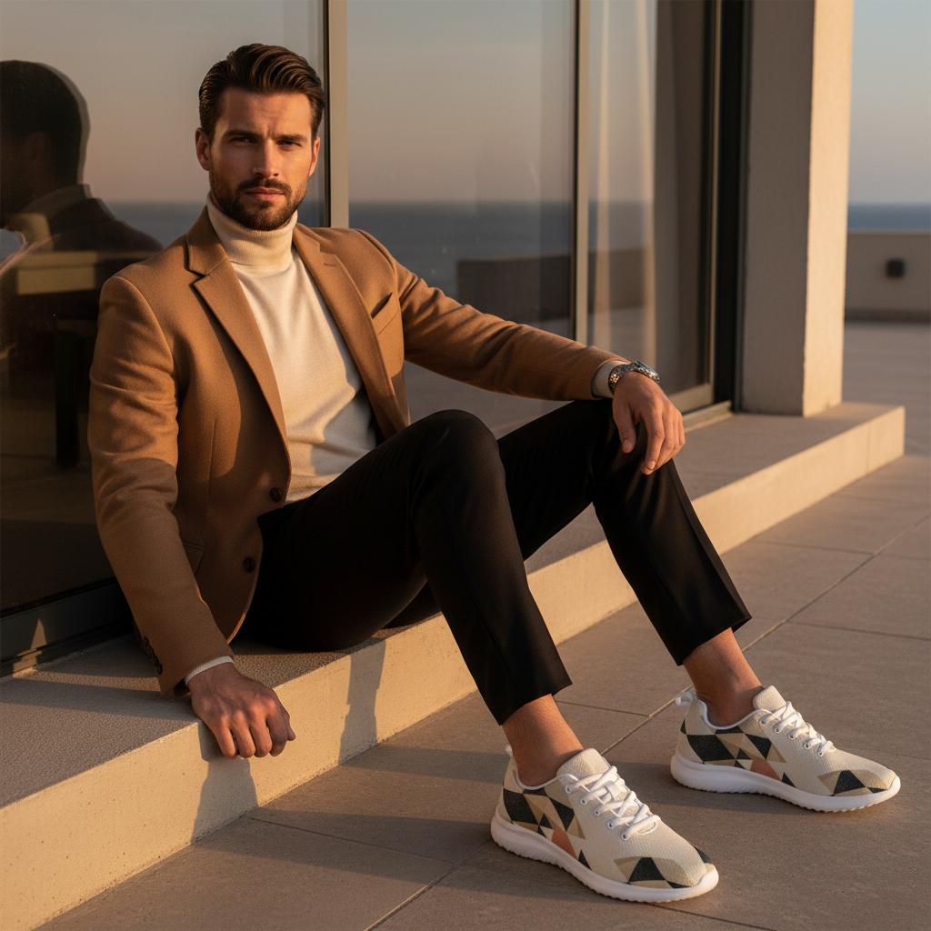 Man in tan blazer with white sole geometric sneakers