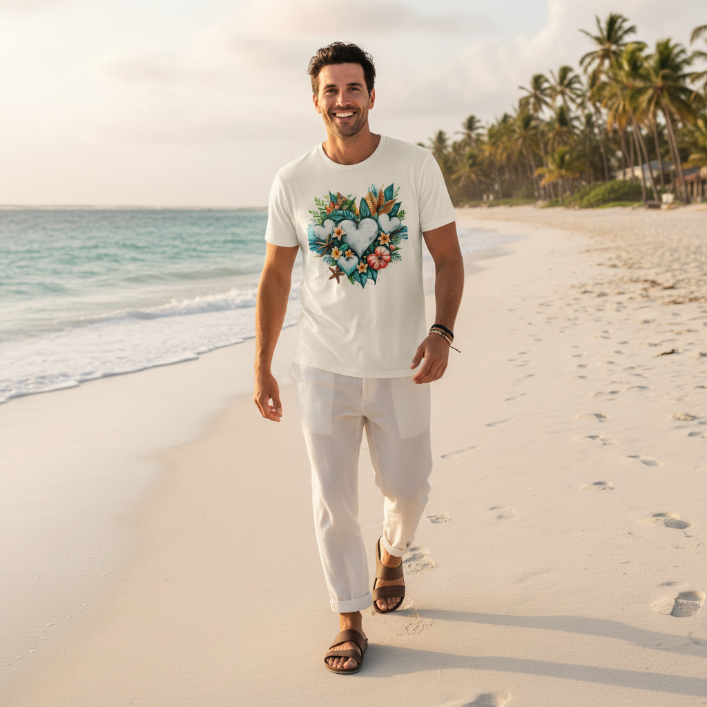 Man in vintage white coastal hearts tee with white linen pants on beach