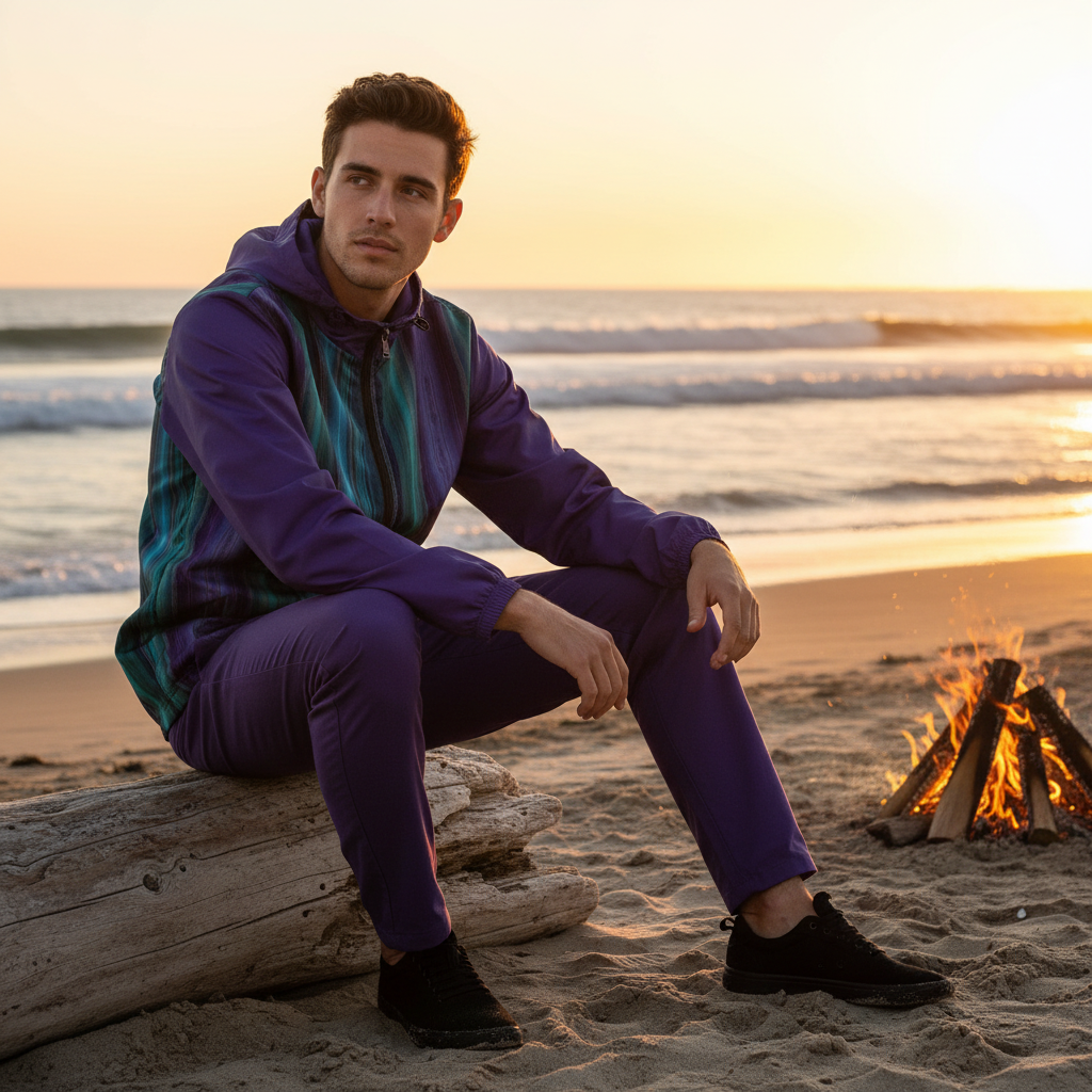 Man in windbreaker purple pants beach sunset
