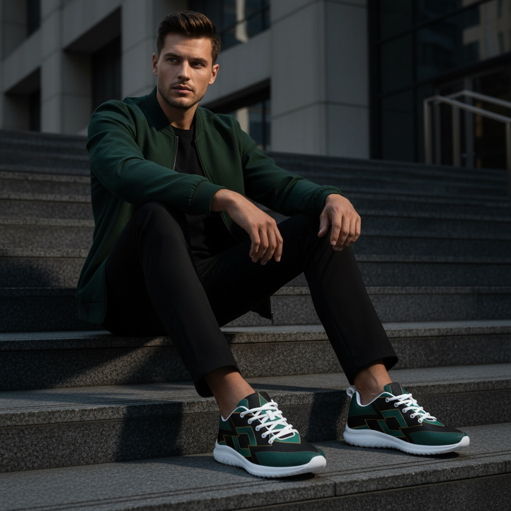 Man on Dark Stone Steps – Teal Green Geometric Sneakers White Sole