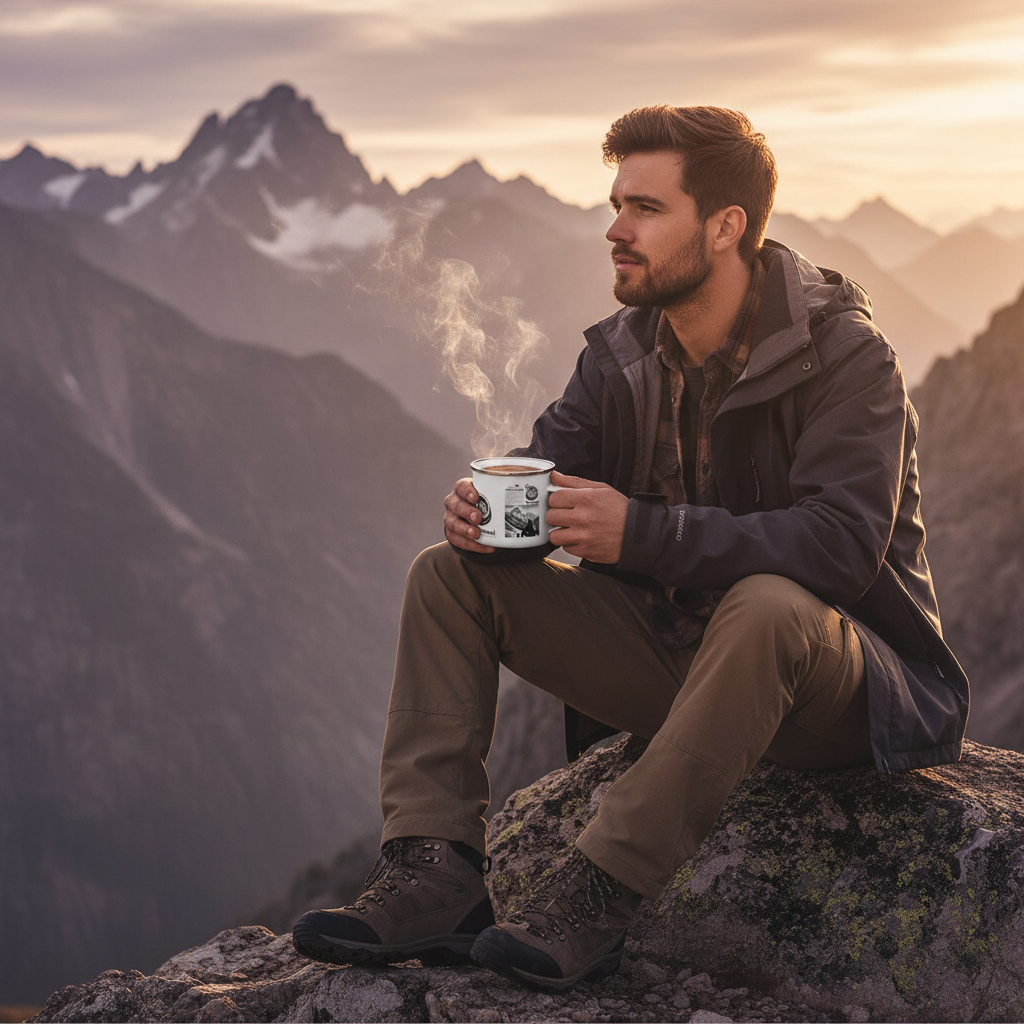 Man on mountain overlook holding Travel Journal mug with coffee steam
