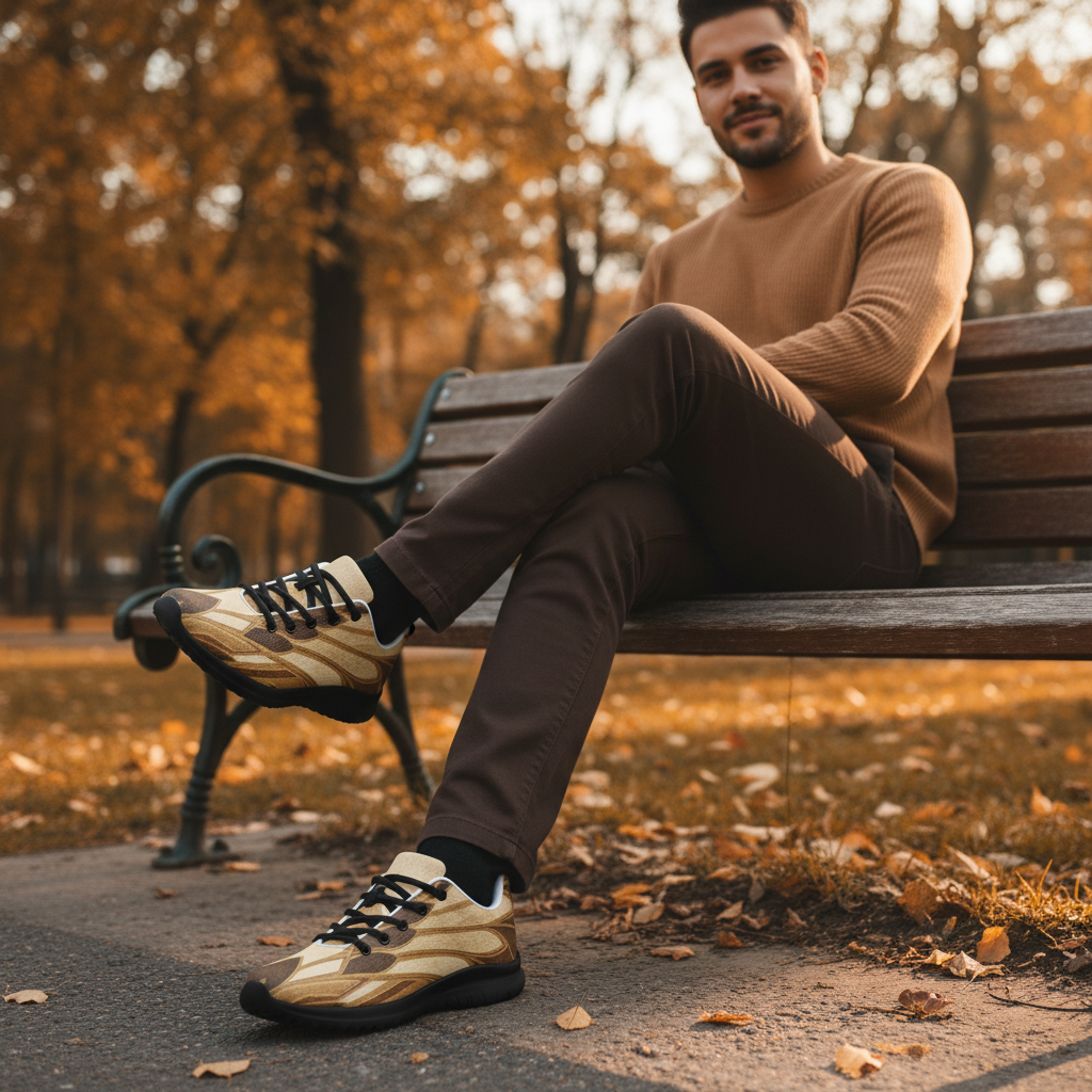 Man on Park Bench – Black Sole Botanical Sneakers Low Angle