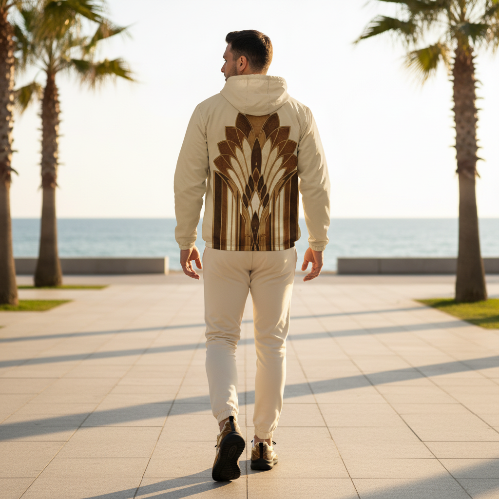 Man Showing Back of Botanical Windbreaker on Coastal Promenade
